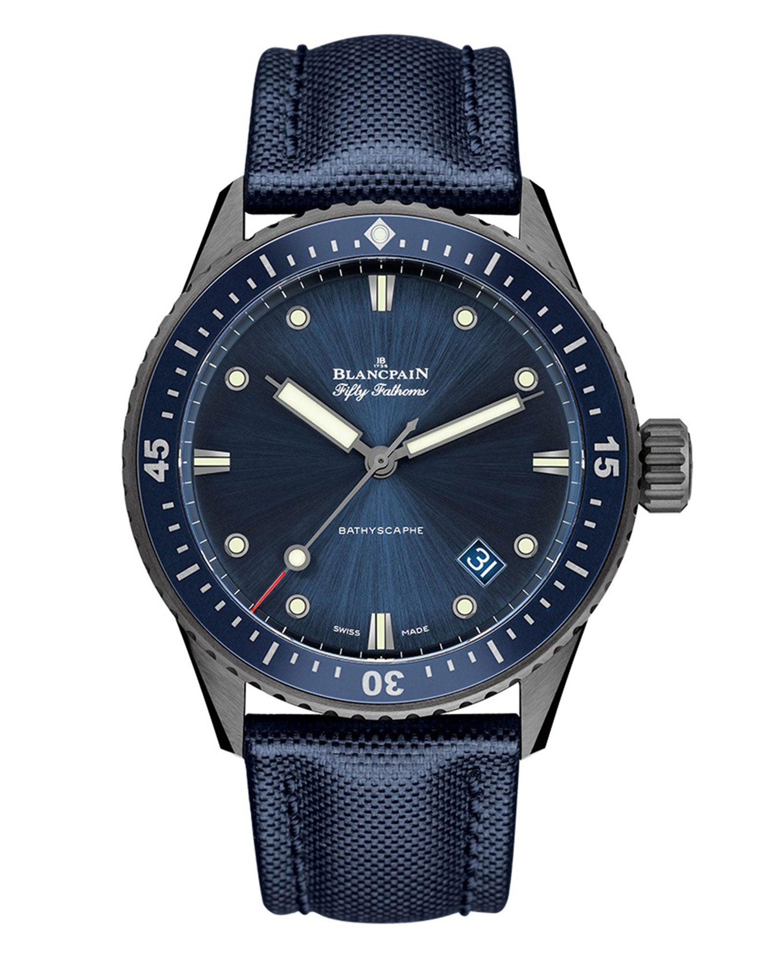 Blancpain Fifty Fathoms Bathyscape 43.6mm, Ceramic Case, Blue Dial, Blue Canvas Strap