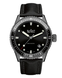 Blancpain Fifty Fathoms Bathyscaphe, 43.6mm, Satin-Brushed Black Ceramic Case, Black Dial, Black Sail-Canvas Strap