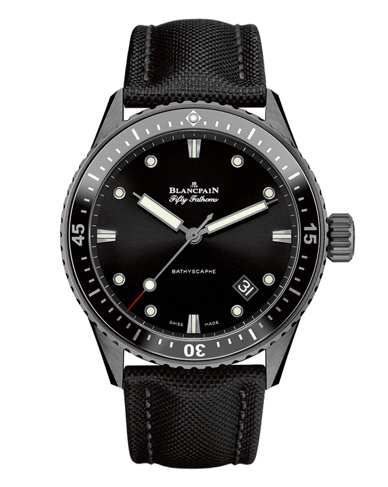 Blancpain Fifty Fathoms Bathyscaphe, 43.6mm, Satin-Brushed Black Ceramic Case, Black Dial, Black Sail-Canvas Strap