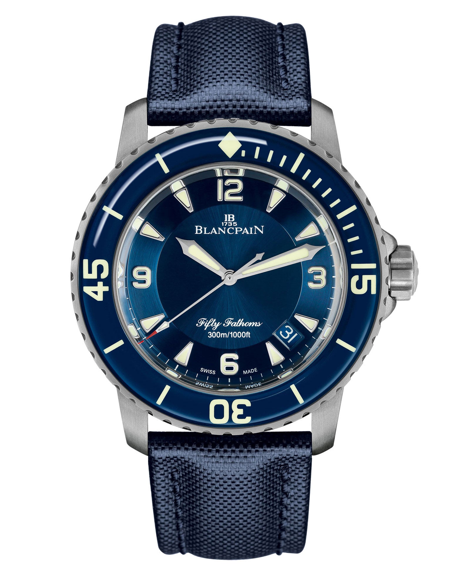 Blancpain Fifty Fathoms, Date, Seconds, Brushed-Titanium, Sapphire Bezel, Blue Dial, Self-Winding, Diameter 45 mm, 120 h Power-Reserve, Blue Canvas Strap