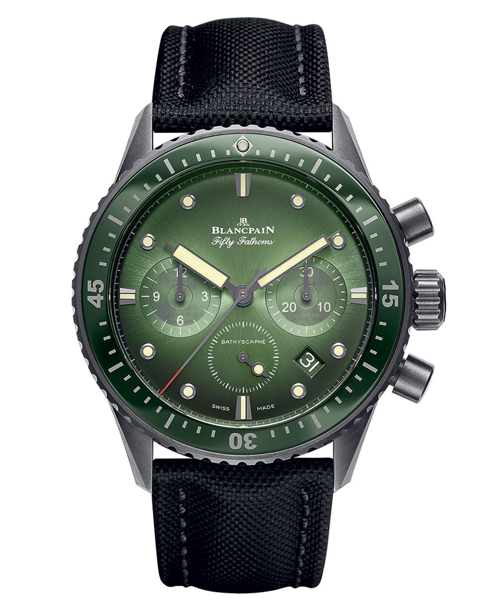 Blancpain Fifty Fathoms Bathyscaphe Chronographe Flyback, 43.6mm, Black Satin-Brushed Ceramic, Tropical green Dial, Black Canvas Strap