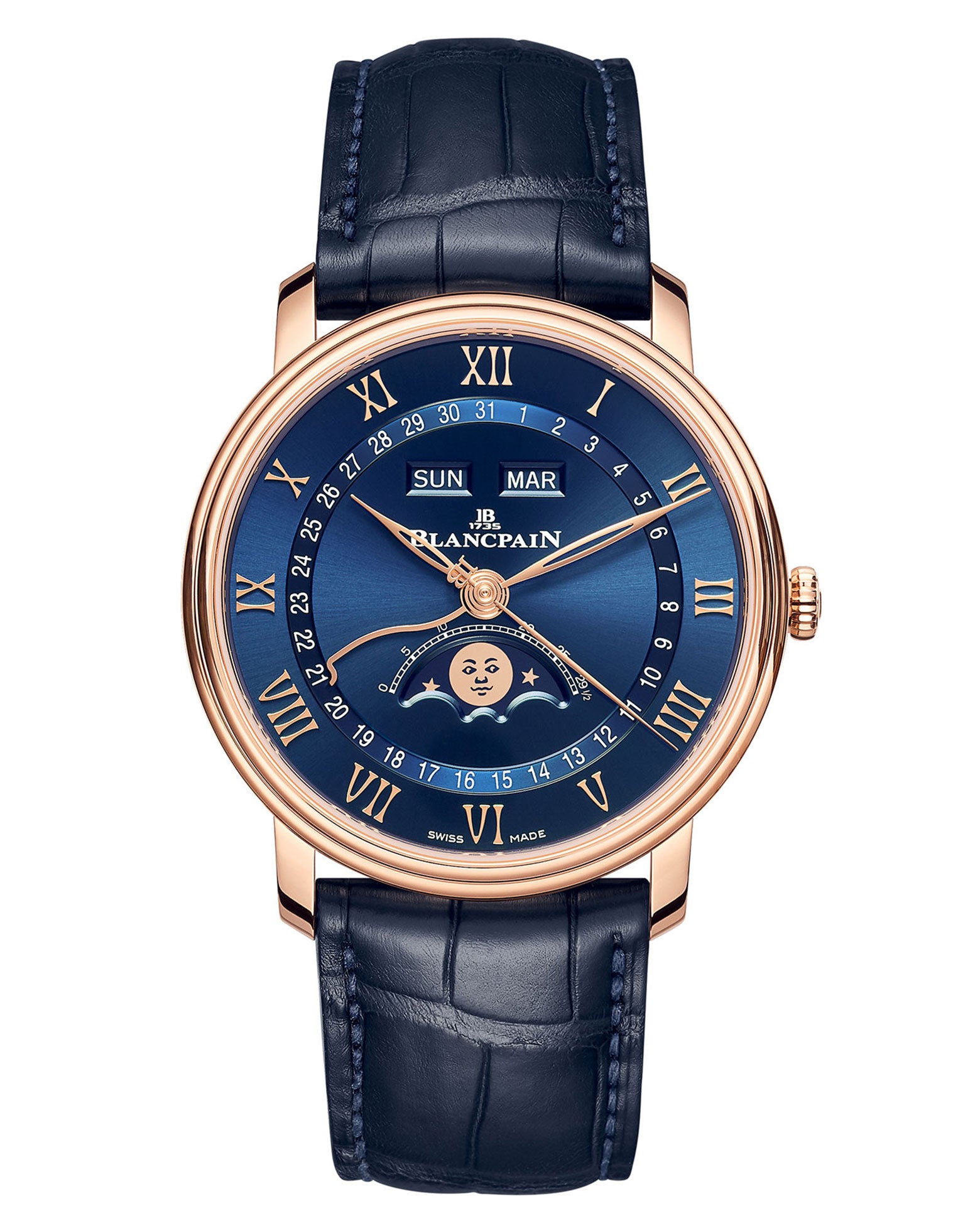 Blancpain Villeret Quantième Complet 40mm, Red Gold Case, Blue Dial, Blue Leather Strap