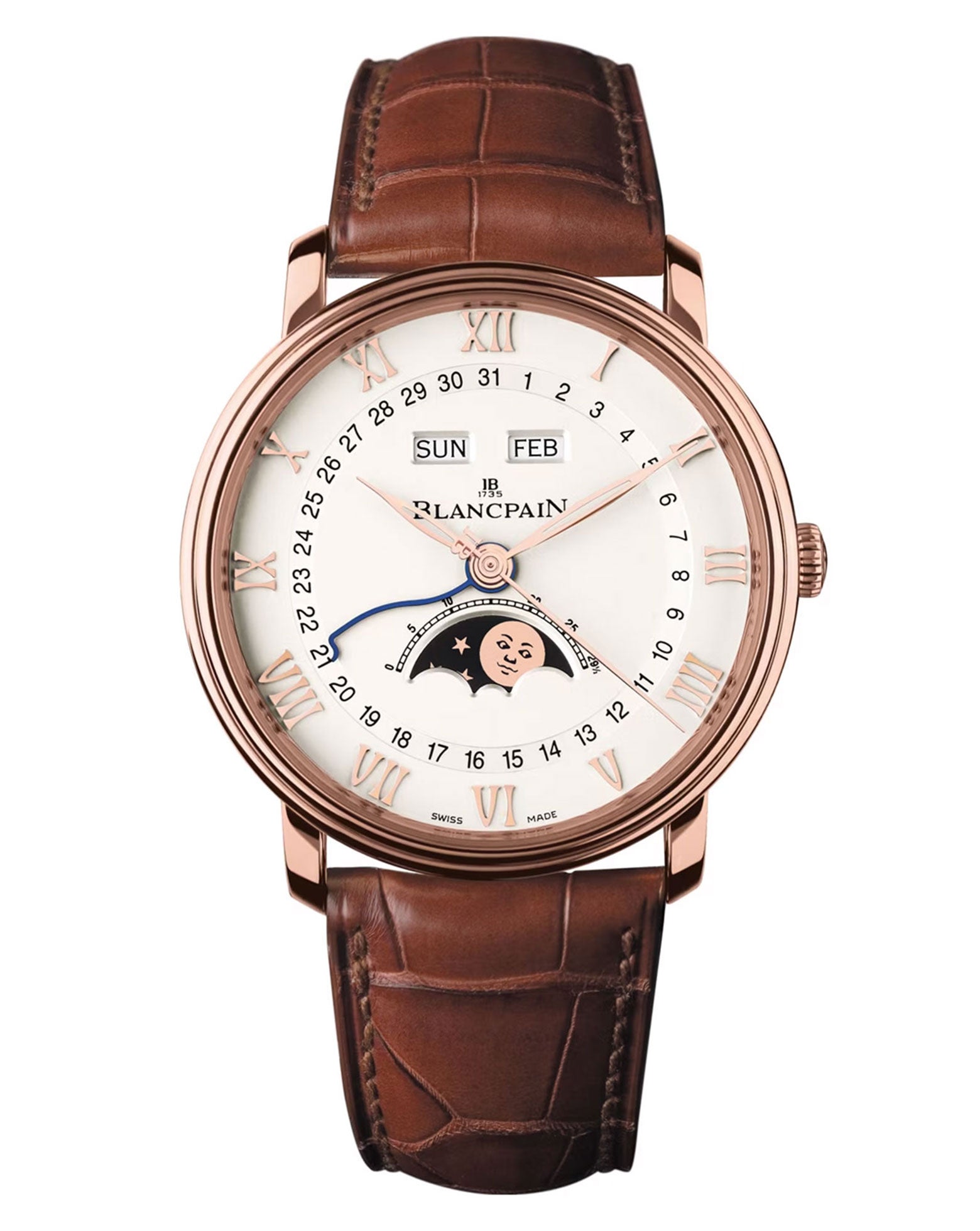 Blancpain Villeret Quantième Complet 40mm, Red Gold Case, White Dial, Brown Leather Strap