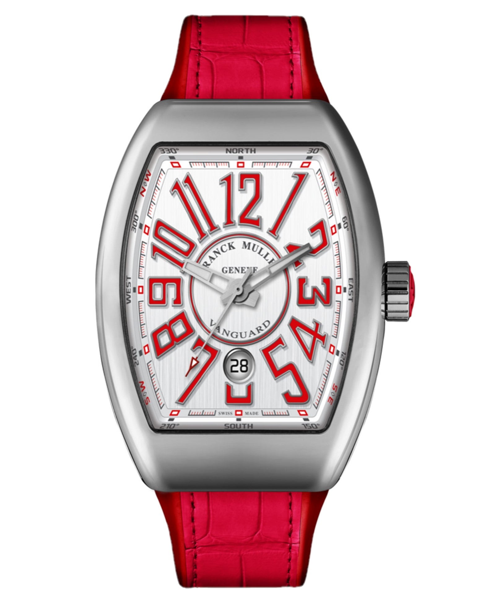 Franck Muller Vanguard Mens 41mm, White Dial, Red Croco/Rubber Strap
