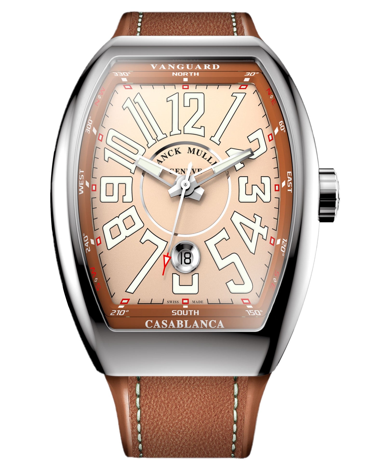 Franck Muller Vanguard Casablanca 43mm, Salmon Dial, Brown Leather on Rubber Strap