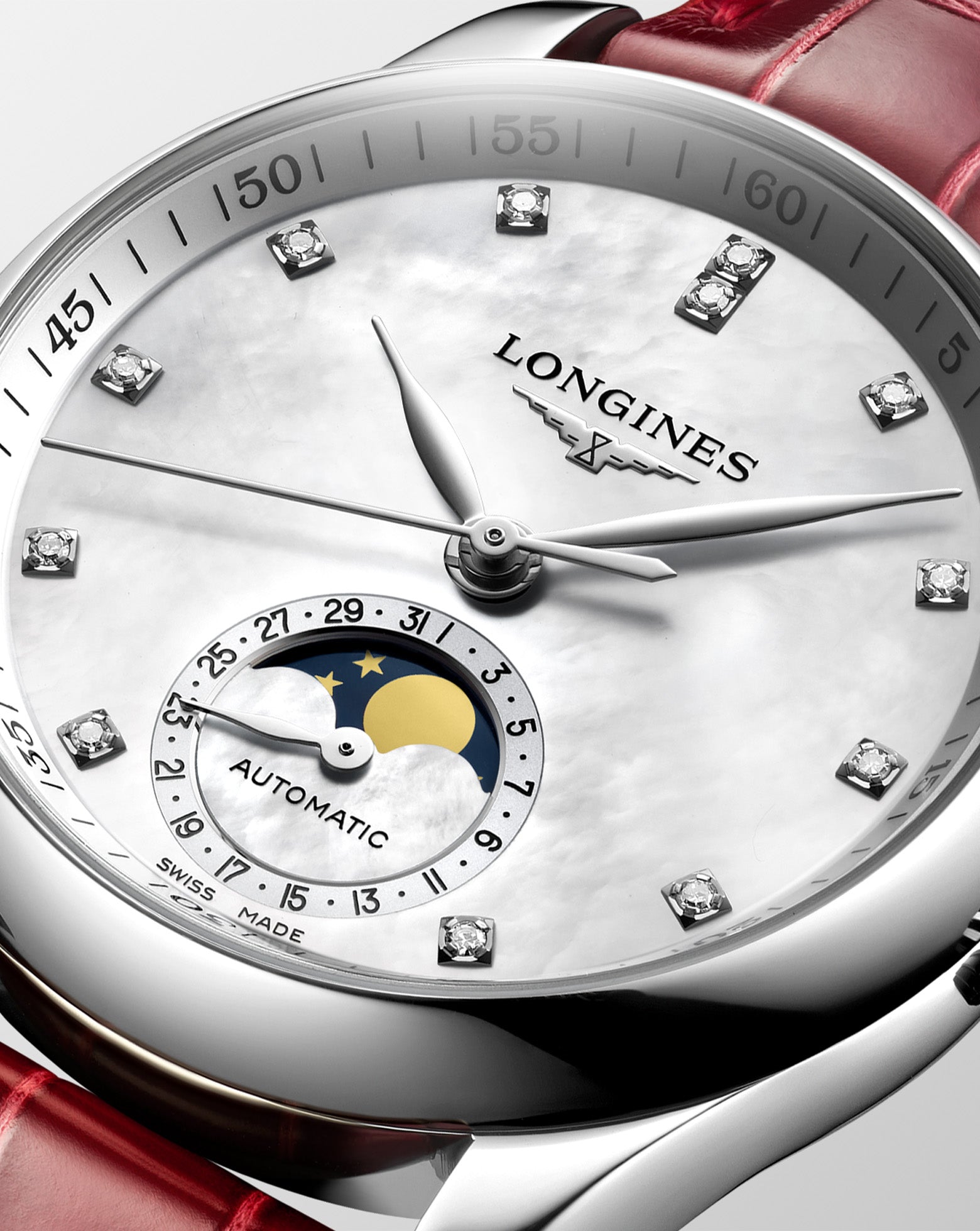 Longines Master Collection Automatic Moon-phase 34mm, White Dial, Red Leather Strap